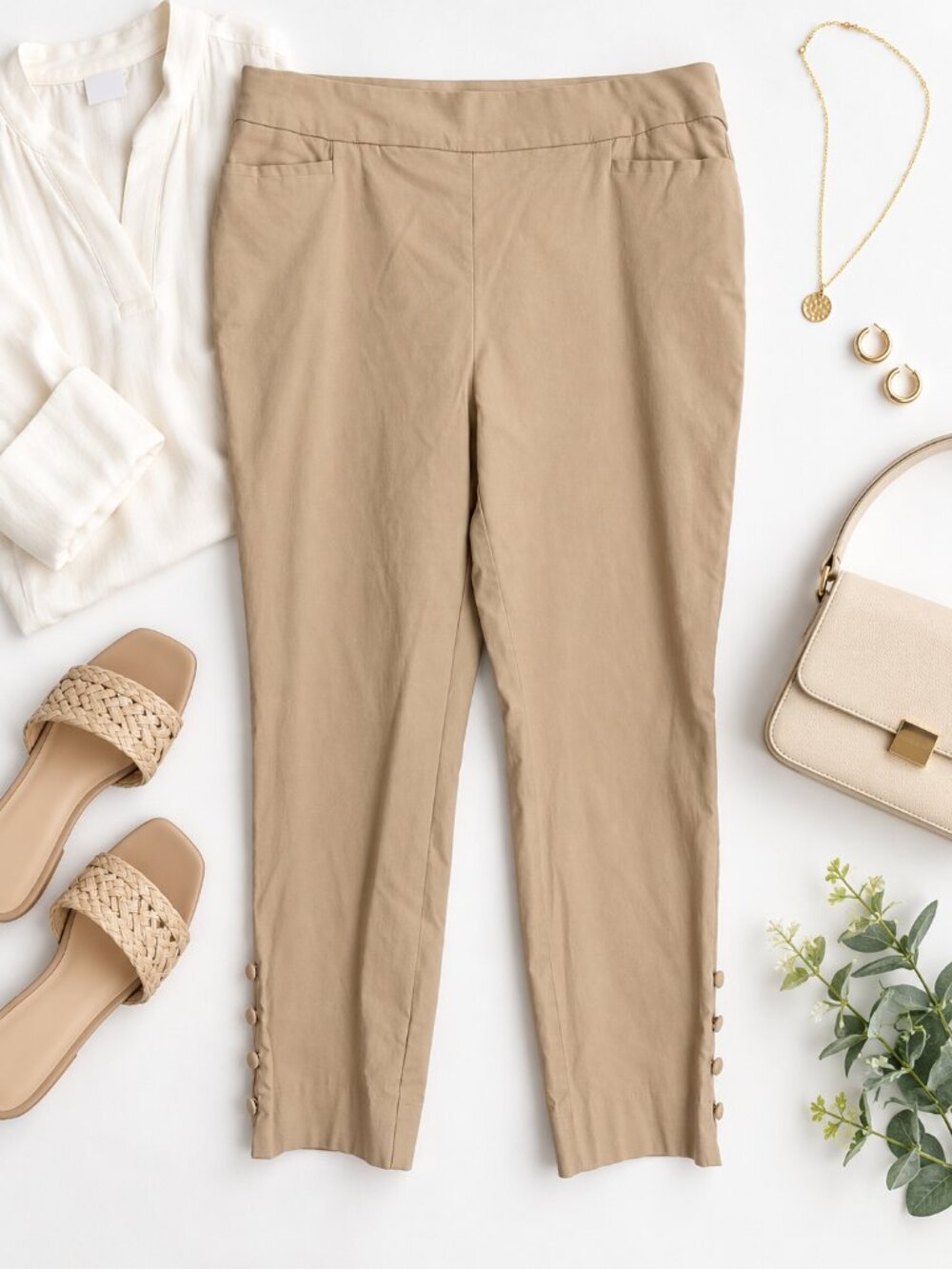 Chico’s Size 14 Beige Tan Ankle Pants Pull On Button Hem Stretch Trousers